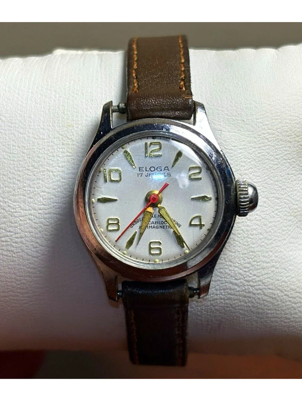 Vintage Eloga 17J Hand-Wind Watch Red Second Hand Cream Dial Explorer Font Swiss